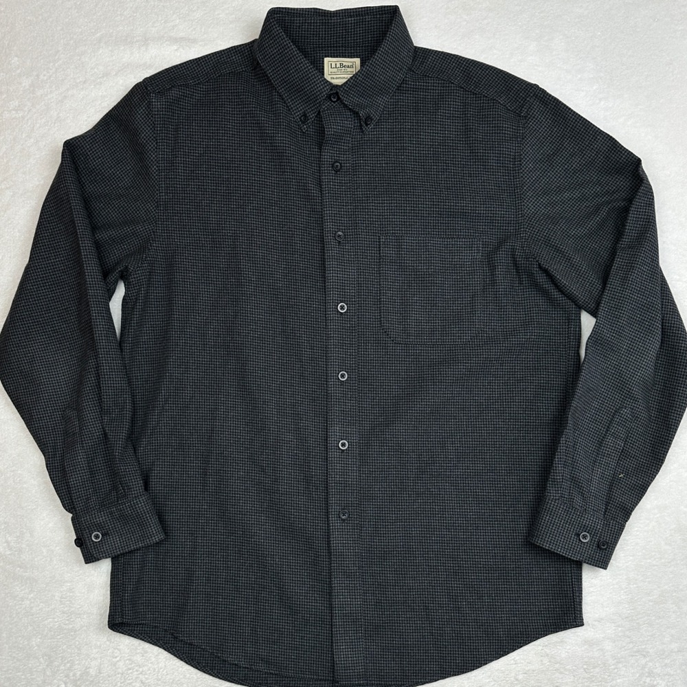 LL Bean Mens‎ Traditional Fit Micro Houndstooth Button Down Shirt Grey Black M